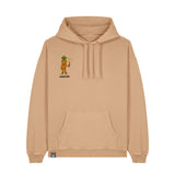 NEW WORLD GUARDIANS brown unisex vegan hoodie in latte beige featuring Crunch the carrot in comic-style front print and full veggie squad illustration on the back. From the Roots for Our Future collection. Made with 100% organic cotton. Sustainable streetwear and expressive vegan fashion.