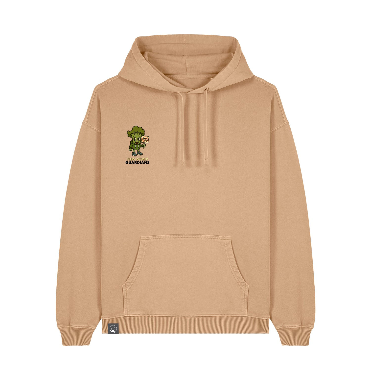 Latte beige NEW WORLD GUARDIANS unisex vegan hoodie featuring Steamy the broccoli in a comic-style front print and the full veggie squad on the back. From the Roots for Our Future collection. Crafted from 100% organic cotton. Sustainable streetwear and bold vegan fashion for conscious lifestyles.