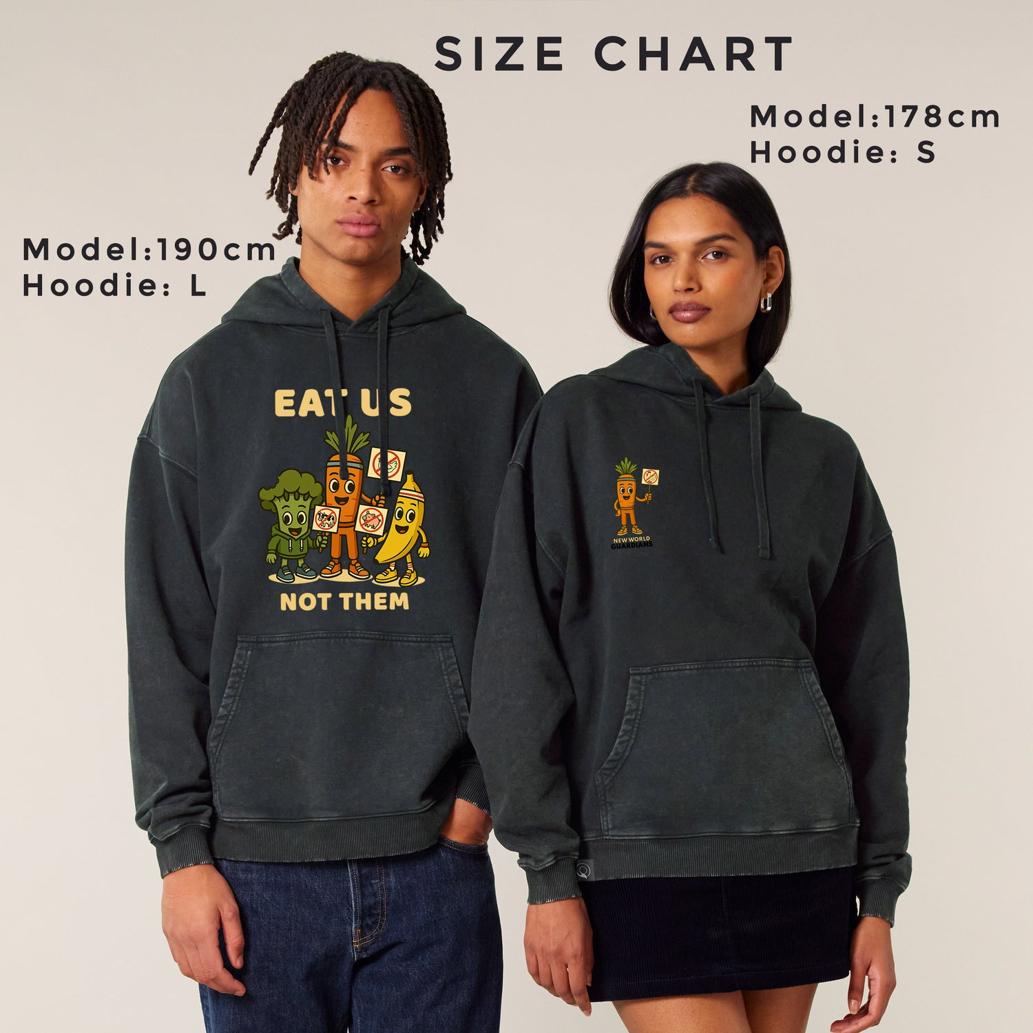 Two models wearing NEW WORLD GUARDIANS unisex vegan hoodies with the Roots for Our Future veggie squad comic-style design, shown alongside sizing chart for fit reference. Made from 100% organic cotton. Sustainable streetwear and inclusive vegan fashion with character.