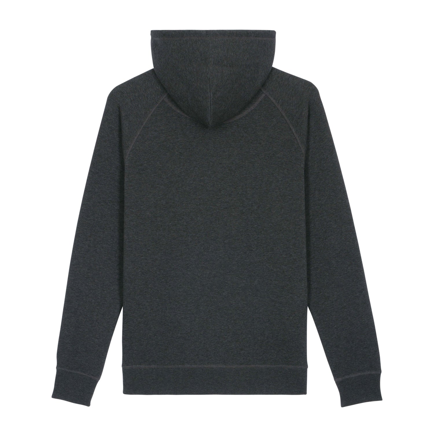 Back view of ethical unisex hoodie crafted from GOTS organic cotton and GRS recycled polyester, 11 colors