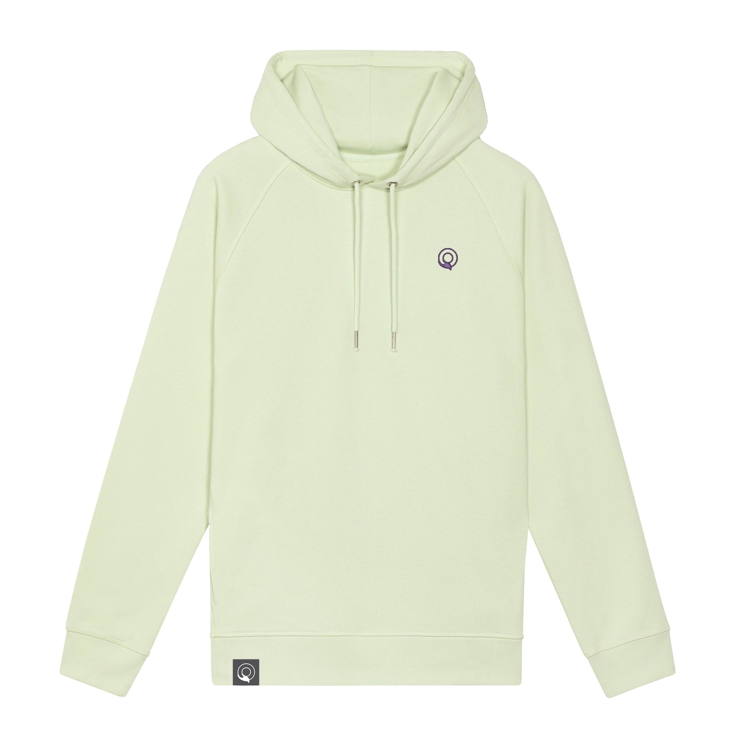 Green organic cotton unisex hoodie with metal cord tips and flatlock seams, eco-conscious sustainable design