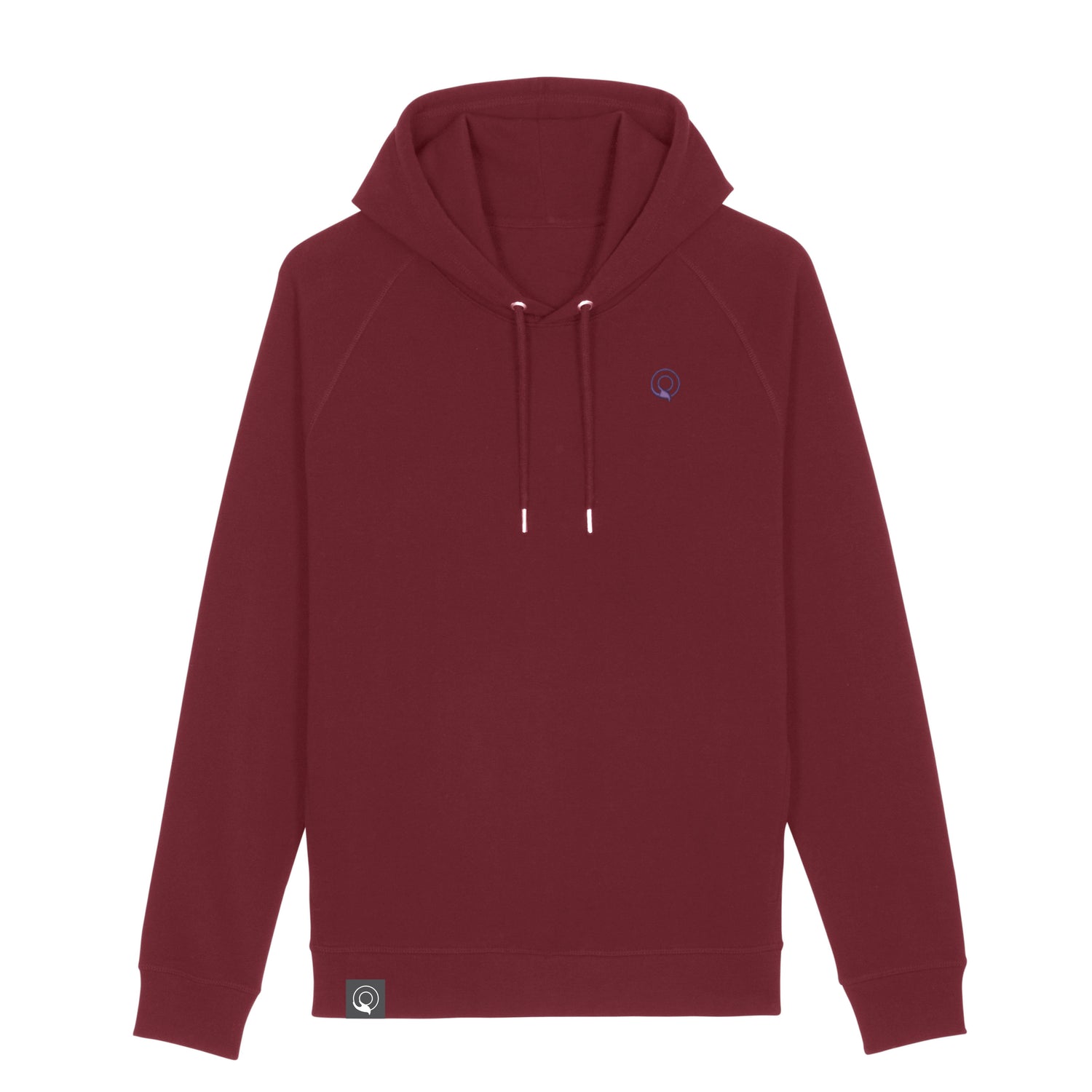 Burgundy red unisex ethical fashion hoodie with lined hood and ribbed hem, sustainable everyday style, 11 colors