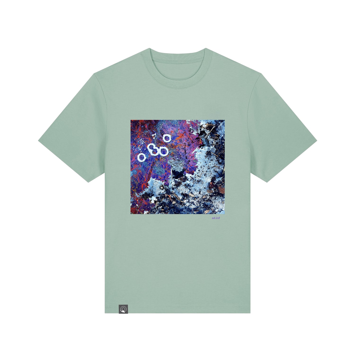 Front view of the aloe green  t-shirt with art print, made from 100% organic cotton – sustainable and ethically made fashion by New World Guardians.