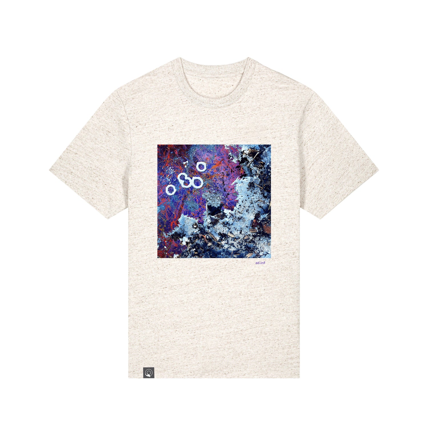 Front view of the eco heather blue art print t-shirt made from 100% organic cotton – sustainable and ethically made fashion by New World Guardians.