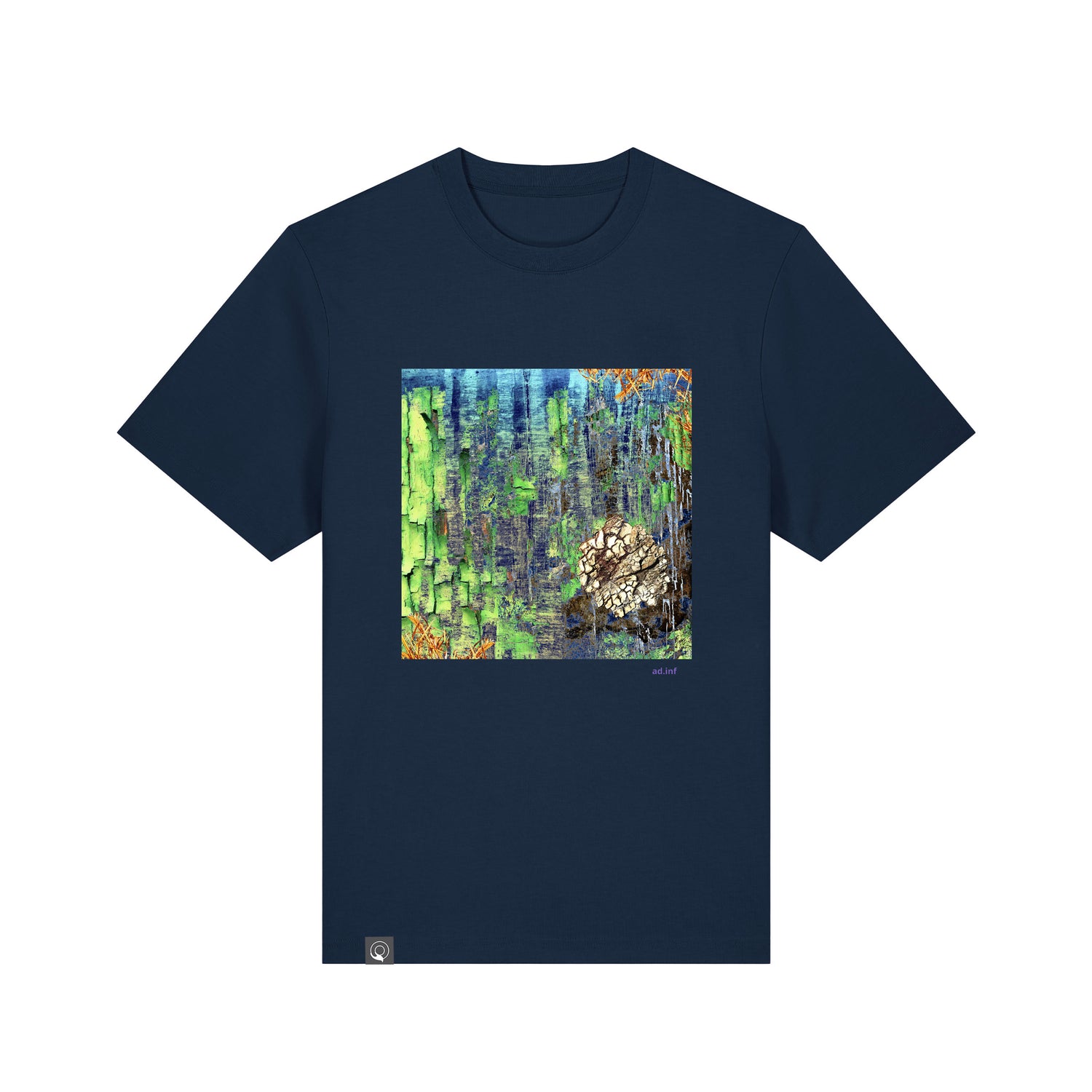 Front view of the french navy t-shirt with art print, made from 100% organic cotton – sustainable and ethically made fashion by New World Guardians.