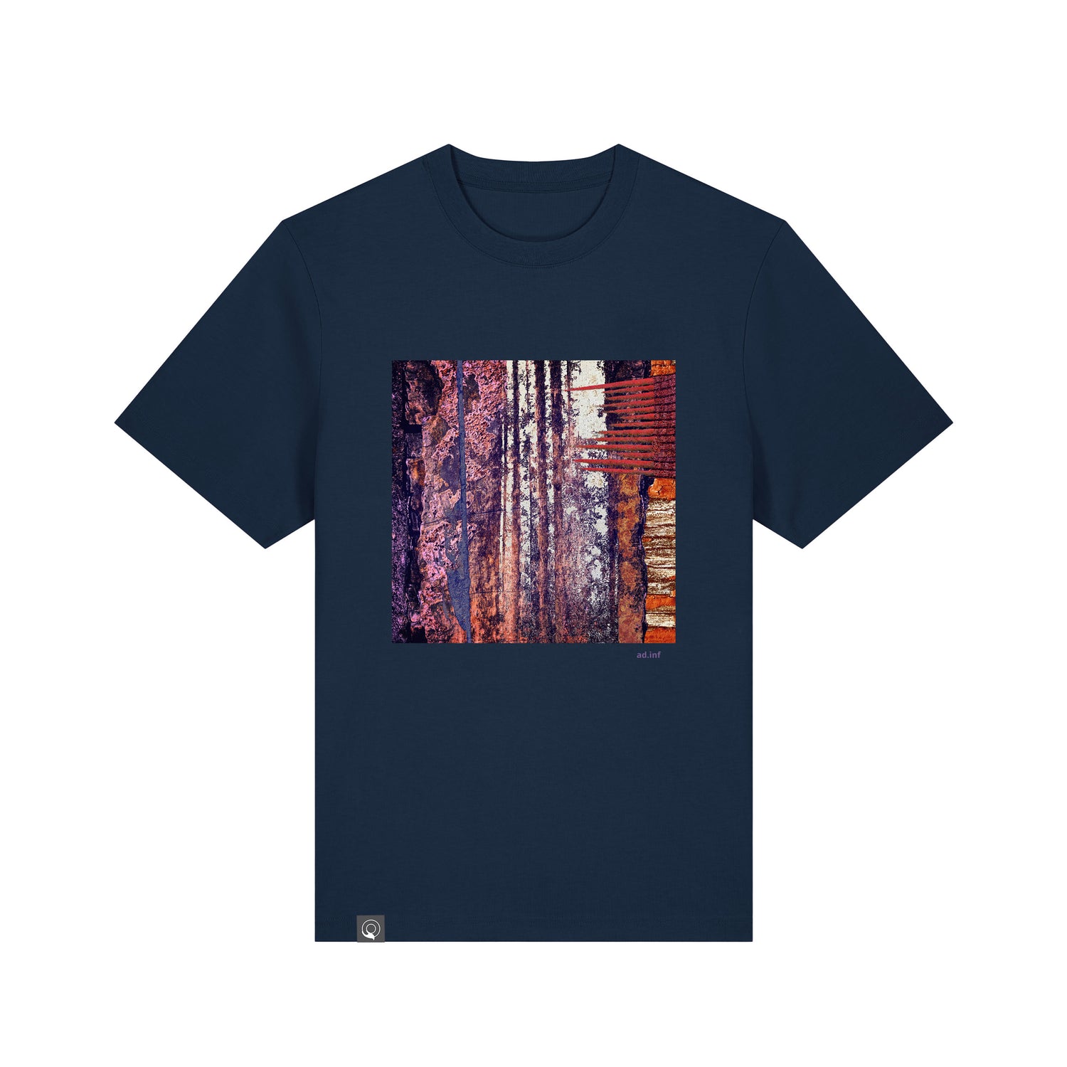 Front view of the French navy t-shirt with art print, made from 100% organic cotton – sustainable and ethically made fashion by New World Guardians.