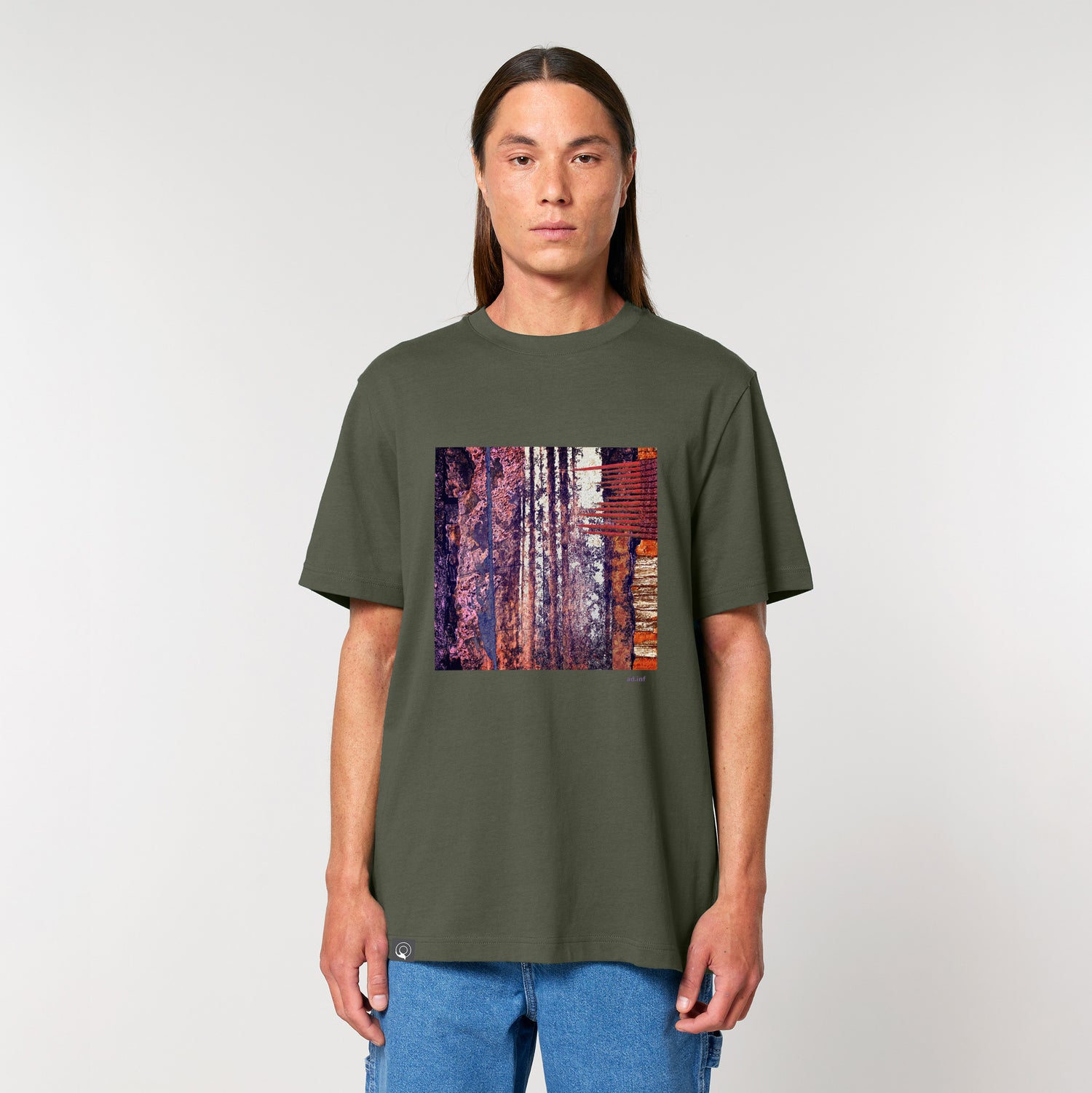 Male model wearing a khaki t-shirt with art print, made from 100% organic cotton – sustainable and ethically made fashion by New World Guardians.