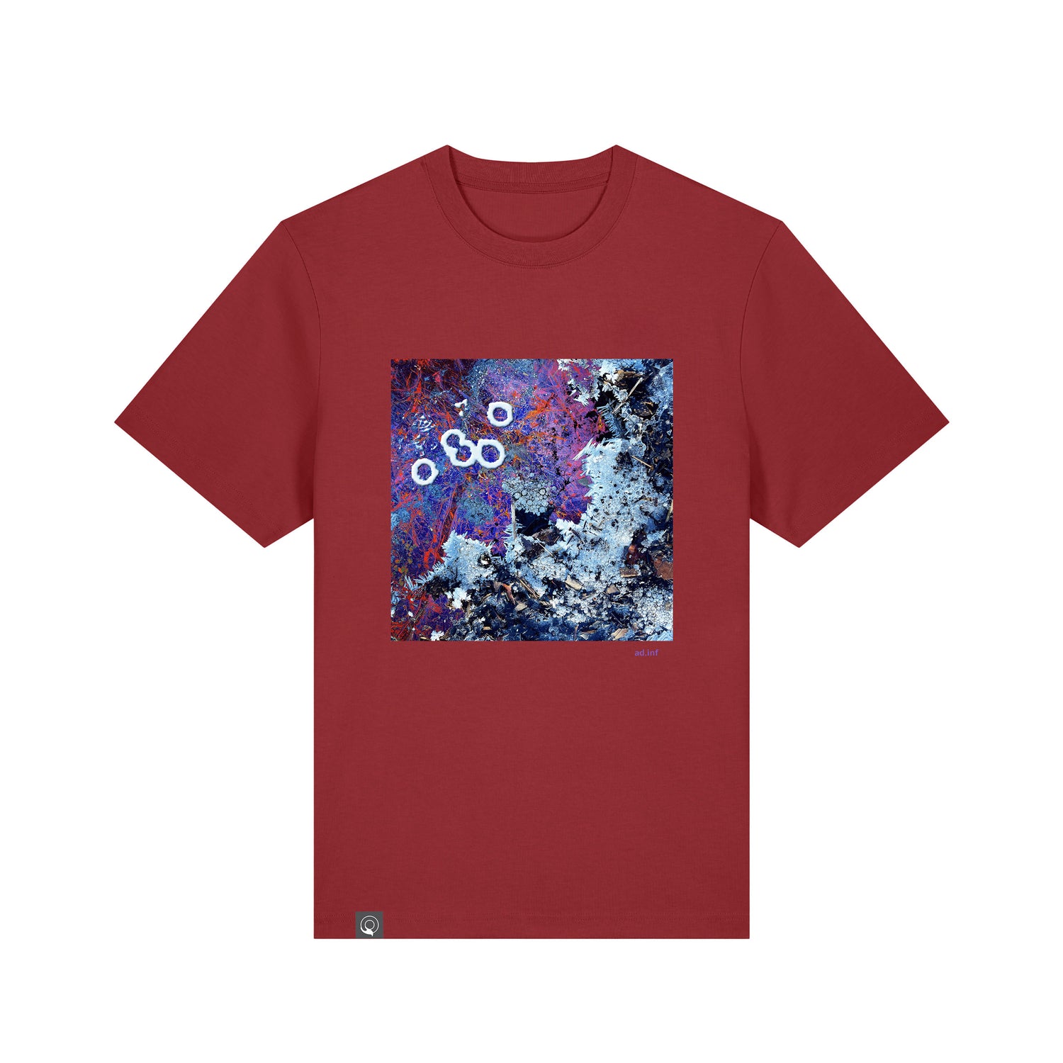 Front view of the red earth t-shirt with art print, made from 100% organic cotton – sustainable and ethically made fashion by New World Guardians.