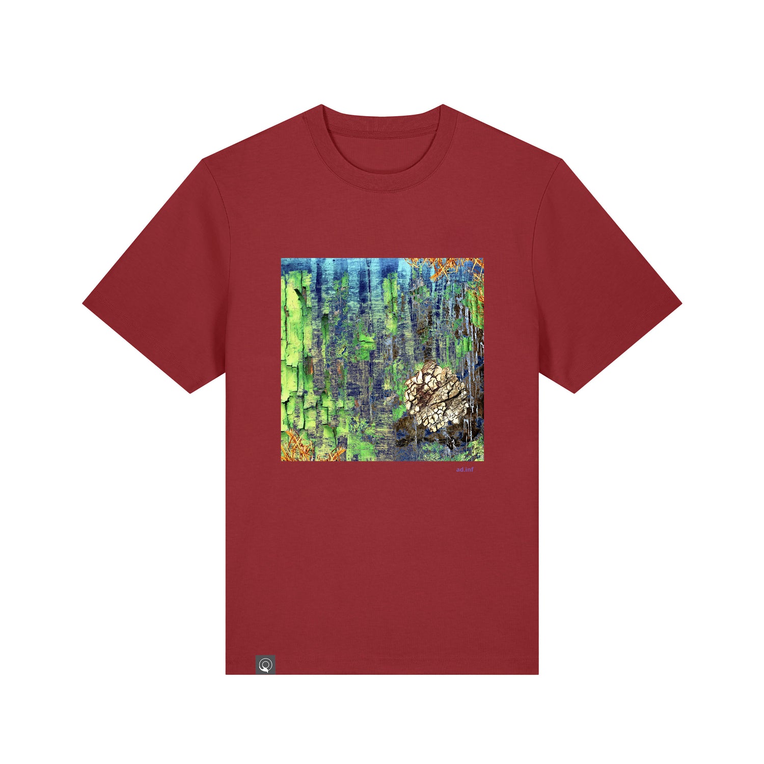 Front view of the red earth t-shirt with a green art print, made from 100% organic cotton – sustainable and ethically made fashion by New World Guardians.