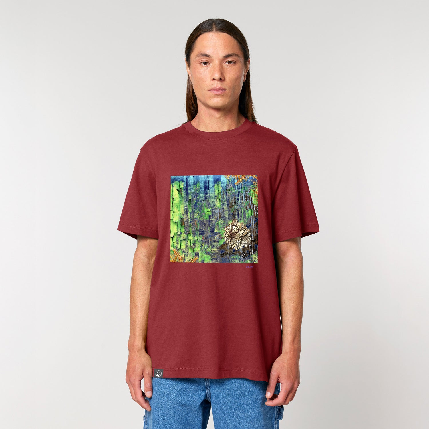 Front view of the red t-shirt with art print, made from 100% organic cotton – sustainable and ethically made fashion by New World Guardians.