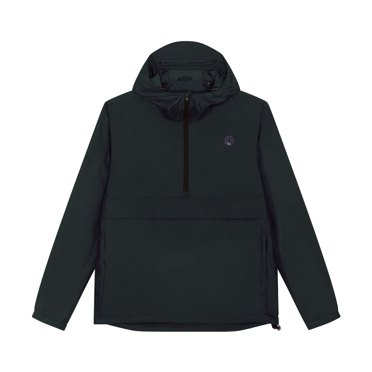 Black Guardian anorak in recycled polyester with visor hood and zippered pockets, sustainable unisex outerwear