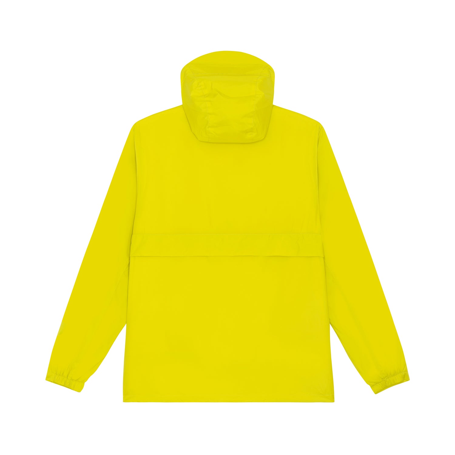 Rückenansicht, gelber zeitloser Unisex Anorak aus recyceltem Polyester, wetterfest, vegan und bewusst nachhaltig