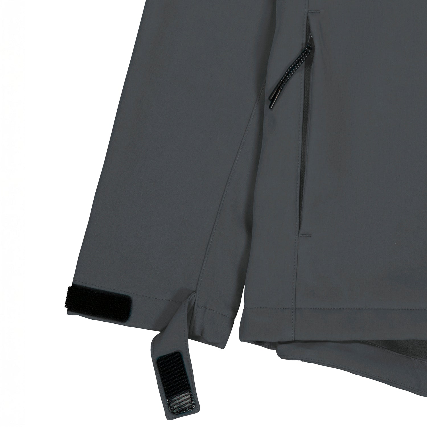 Detail image of Men’s sustainable softshell jacket with reflective zip pullers, adjustable cuffs, and practical pockets, 4 colors