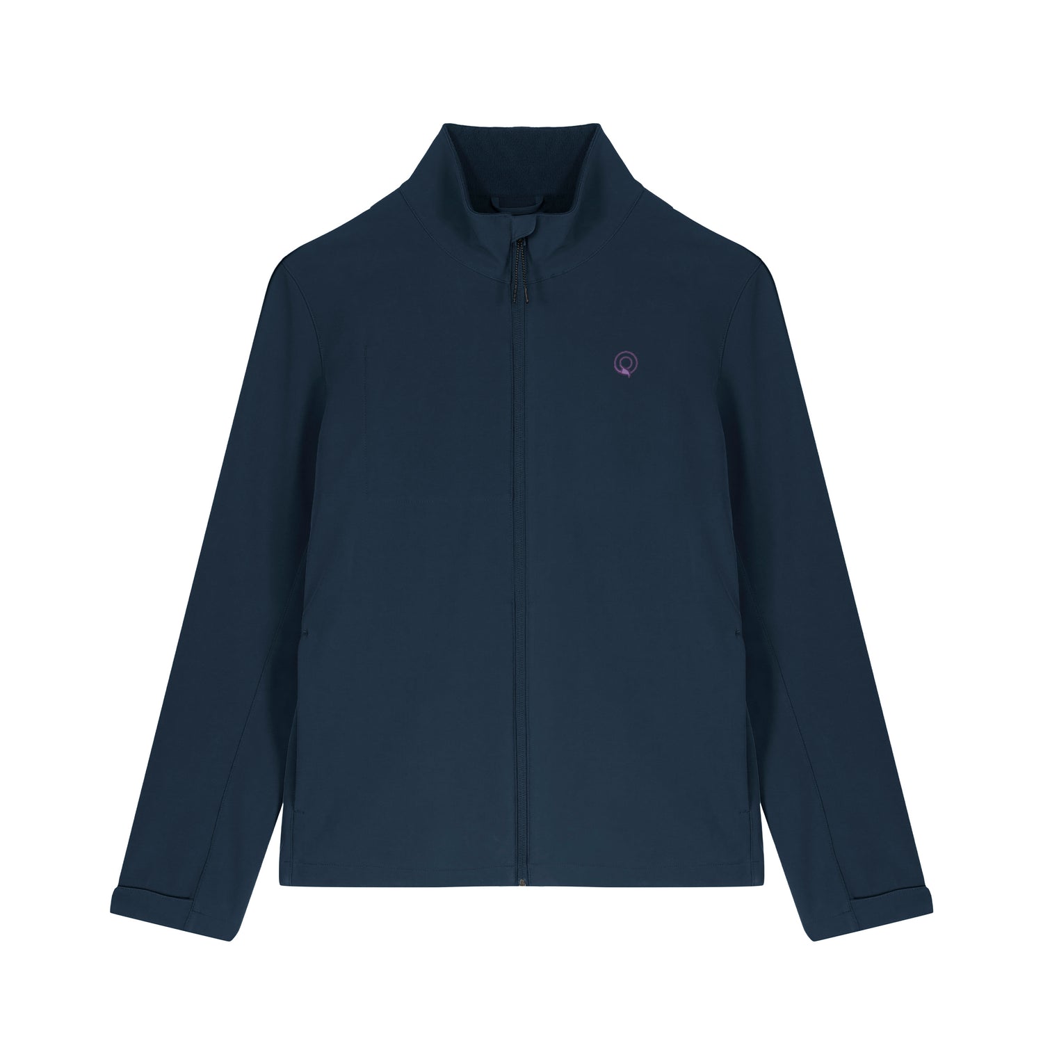 Blaue nachhaltige Herren-Outdoorjacke aus recyceltem Polyester mit hohem Kragen, reflektierenden Zippern und modernem Schnitt