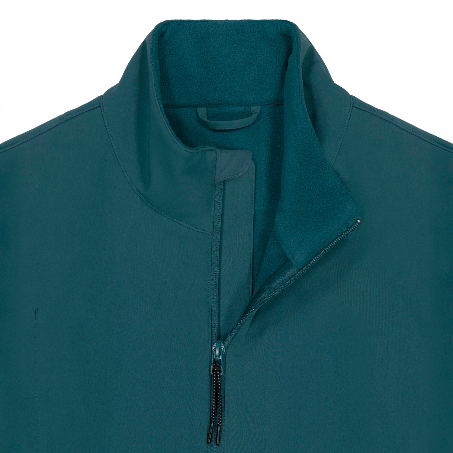 Detail image of  a turquoise recycled polyester softshell jacket for men, breathable and durable sustainable fashion, 4 color variations