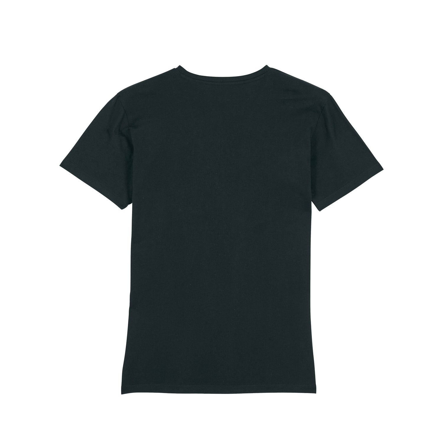 Back view black organic cotton v-neck t-shirt for men, NEW WORLD GUARDIANS eco casual collection, sustainable and ethical