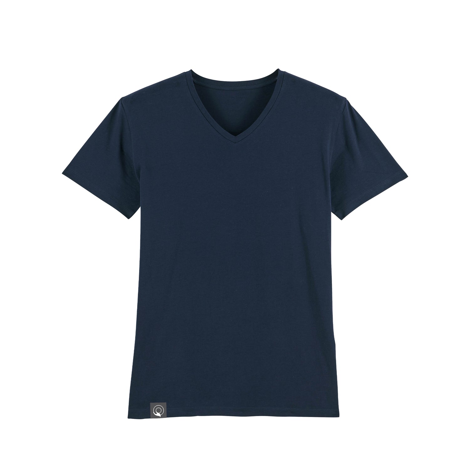 Navy blue classic men’s v-neck t-shirt in organic cotton, eco-conscious everyday fashion, available in three colors