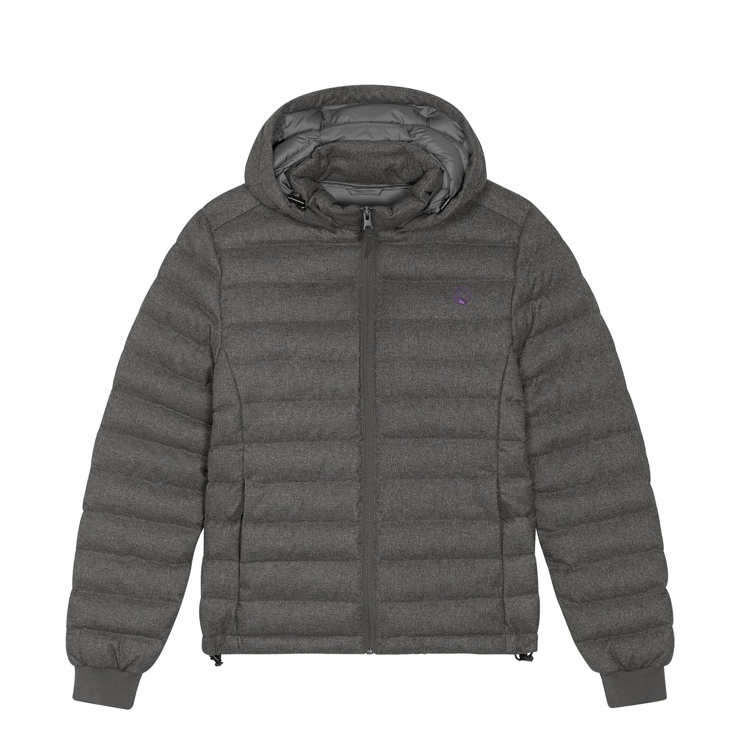 Grey vegan and eco-friendly men’s winter jacket with removable hood, wool-like fabric, and recycled polyester padding
