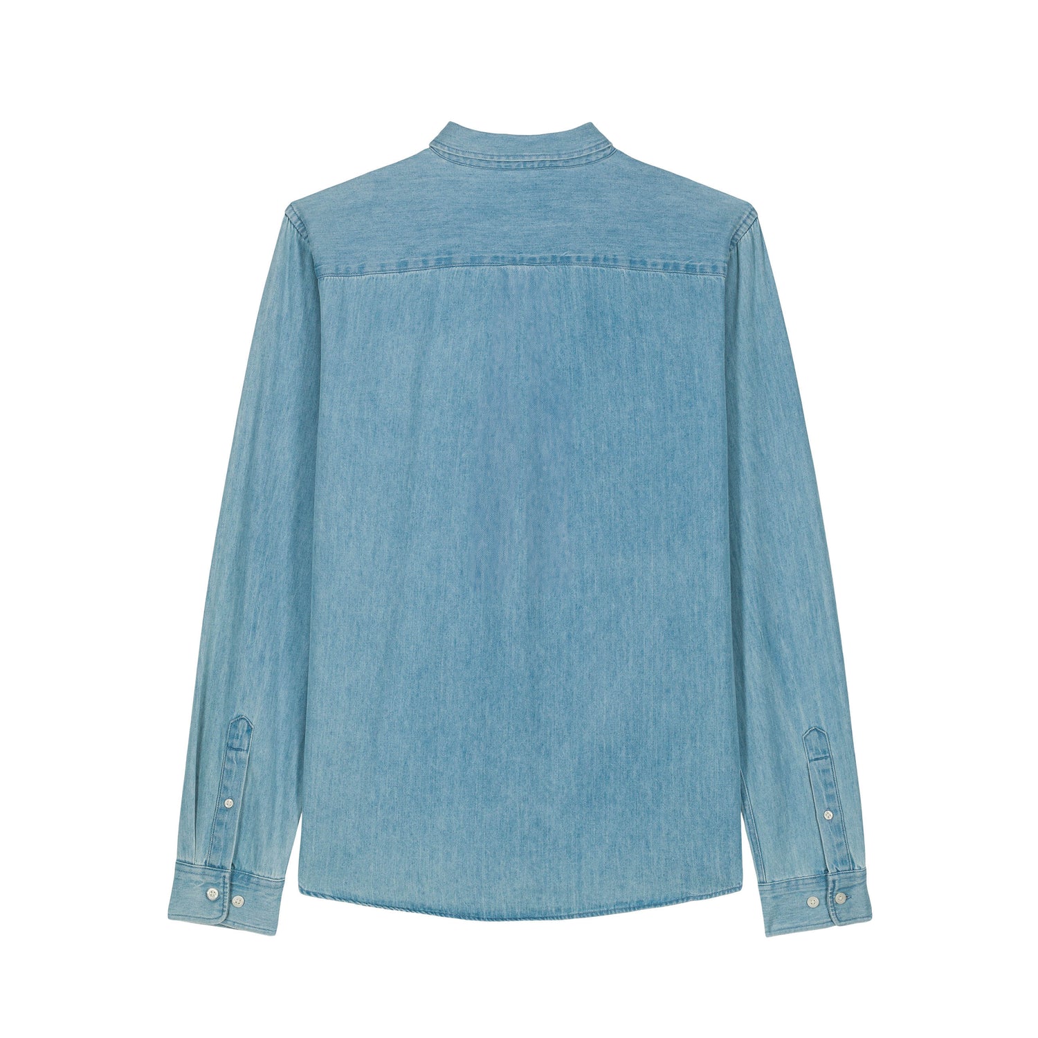 Back view of the denim shirt for men in light wash – sustainable and ethically made fashion by New World Guardians.