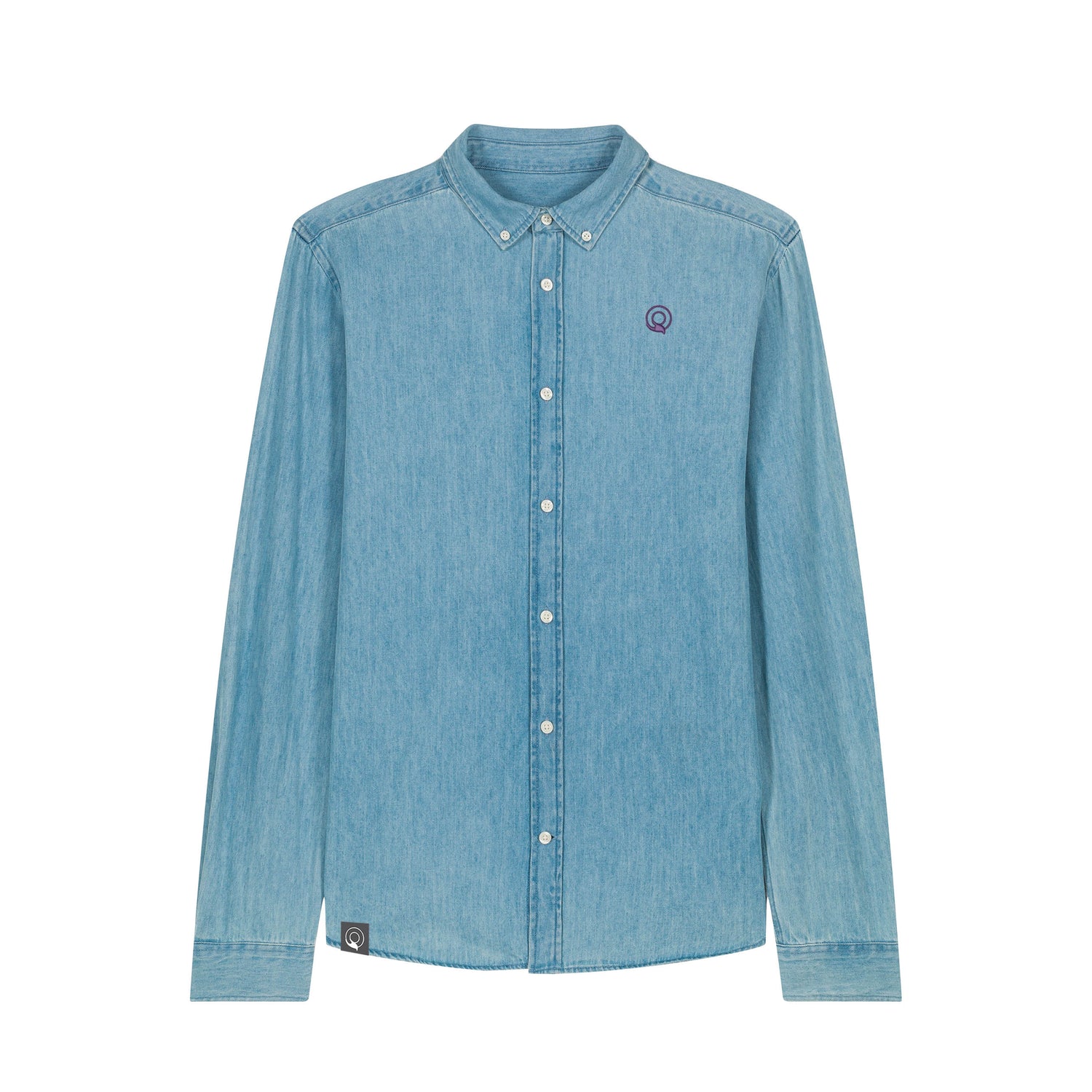 Front view of the denim shirt for men in light wash – sustainable and ethically made fashion by New World Guardians.