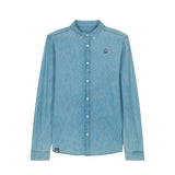 Front view of the denim shirt for men in light wash – sustainable and ethically made fashion by New World Guardians.