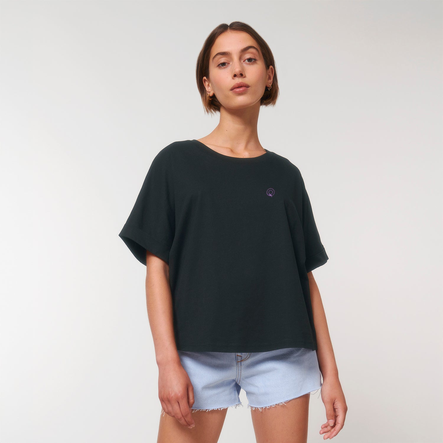 Black ethical fashion women’s relaxed fit top made from GOTS-certified organic cotton, eco-friendly clothing, 7 colors