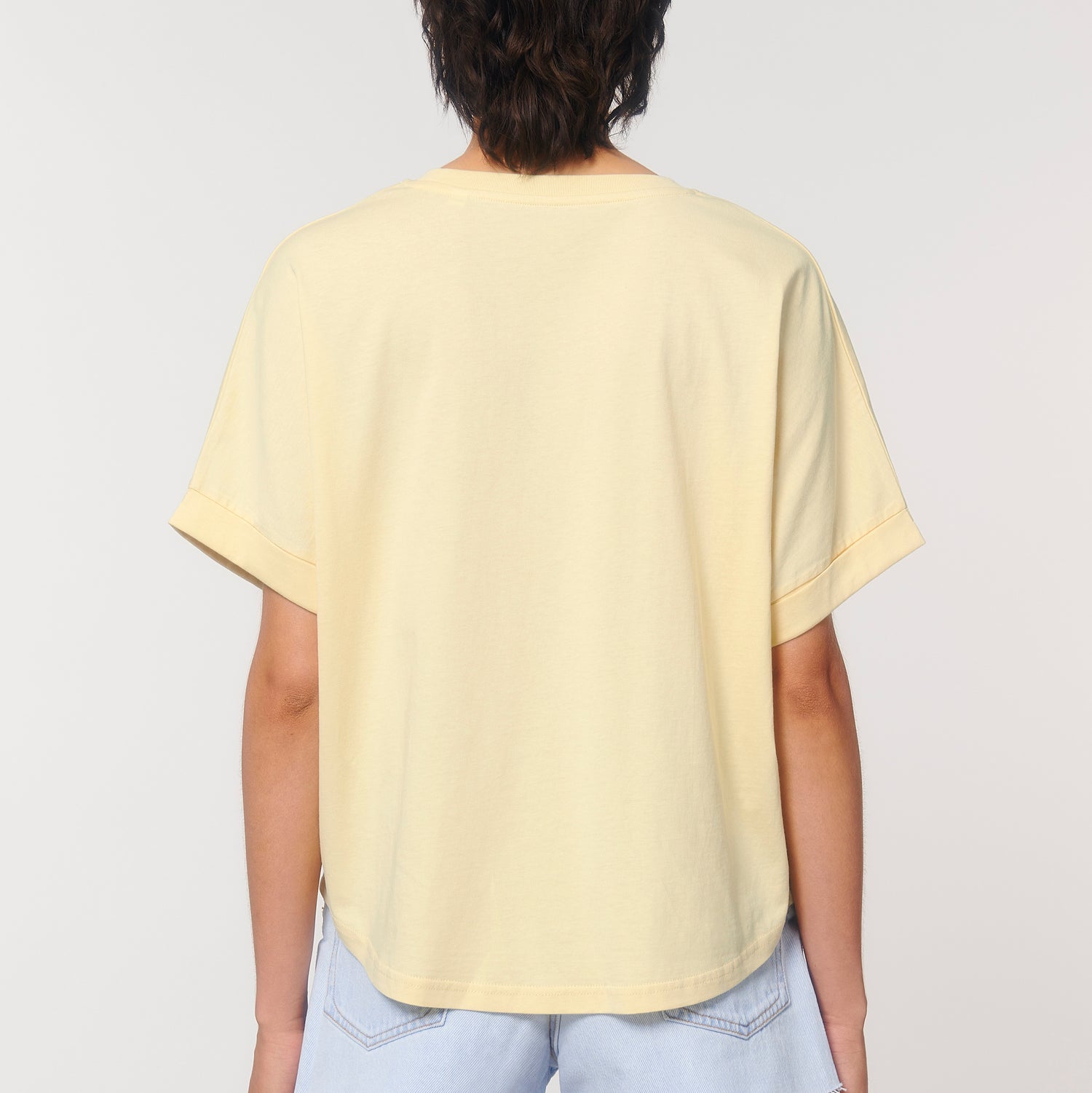 Back view eco-friendly women’s relaxed dolman sleeve t-shirt with rolled cuffs, organic cotton, available in seven colors