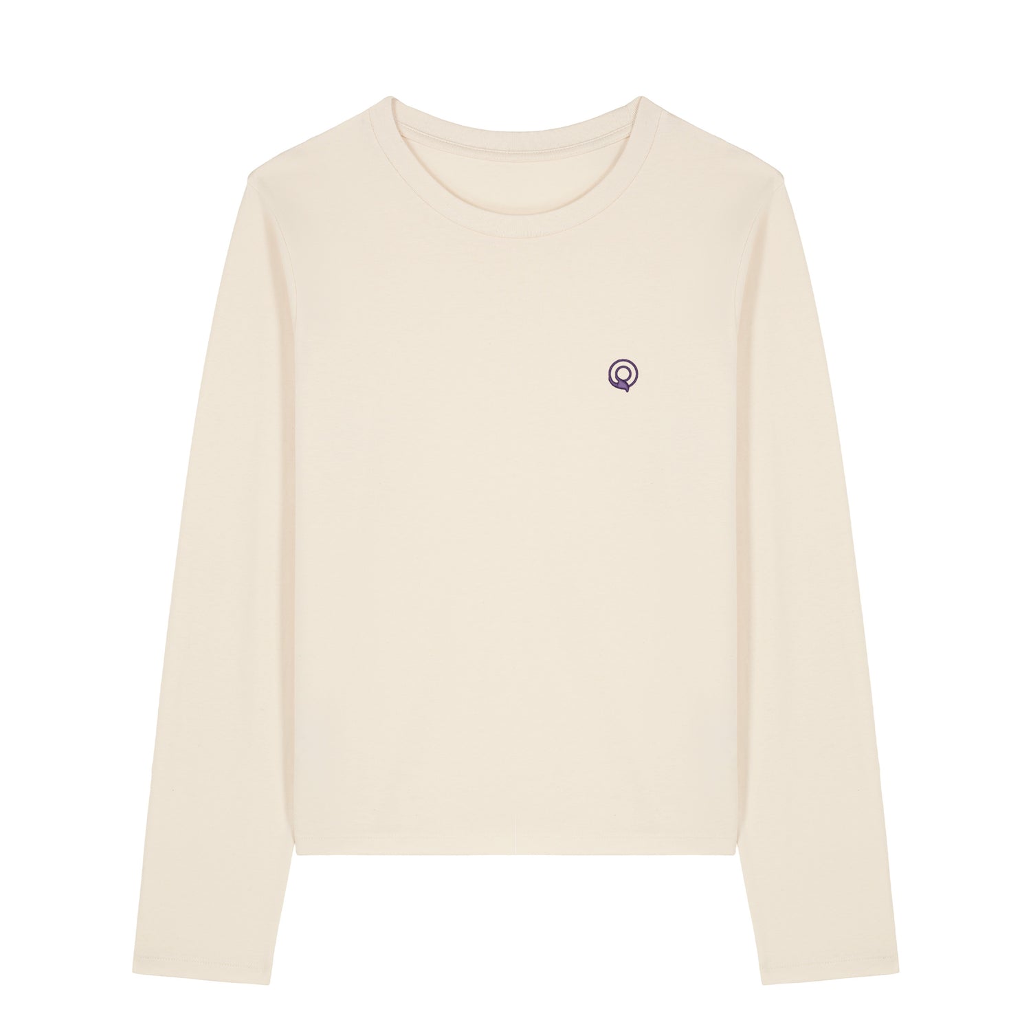 Beige sustainable women’s long-sleeve shirt with ribbed neckline and double stitching, eco-friendly organic cotton, 10 colors