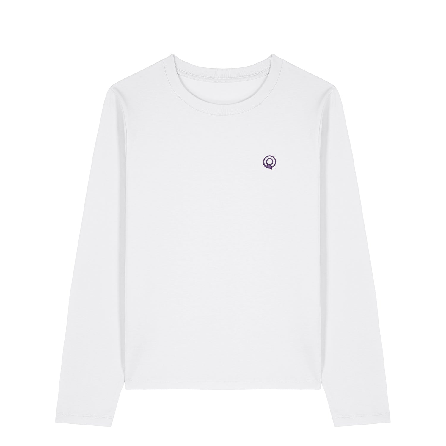 White eco-friendly women’s long-sleeve top made from GOTS-certified organic cotton, timeless sustainable style, 10 colors