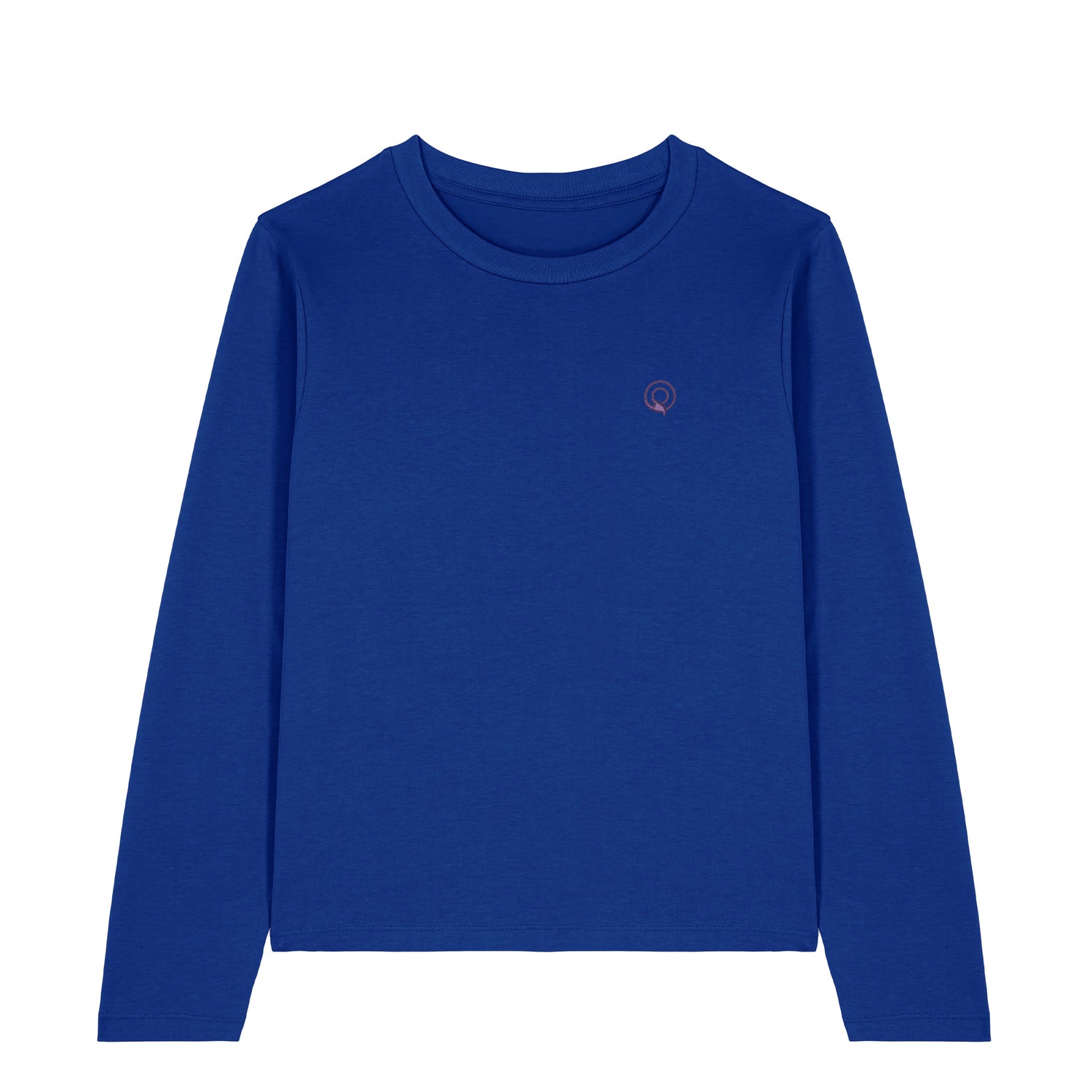 Blue eco-friendly women’s long-sleeve top made from GOTS-certified organic cotton, timeless sustainable style, 10 colors