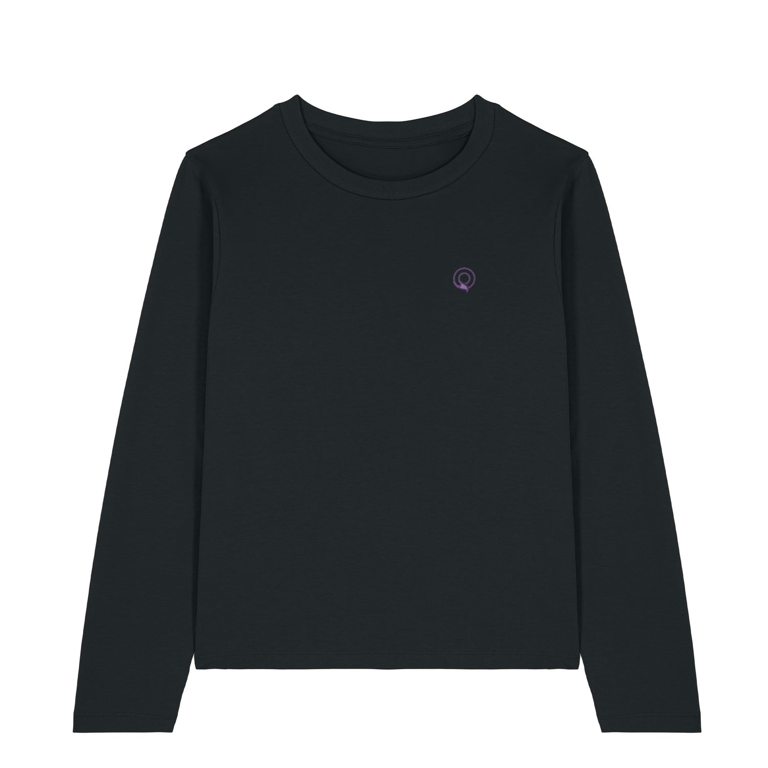 Black organic cotton long-sleeve t-shirt for women, lightweight breathable fabric, NEW WORLD GUARDIANS design, 10 colors