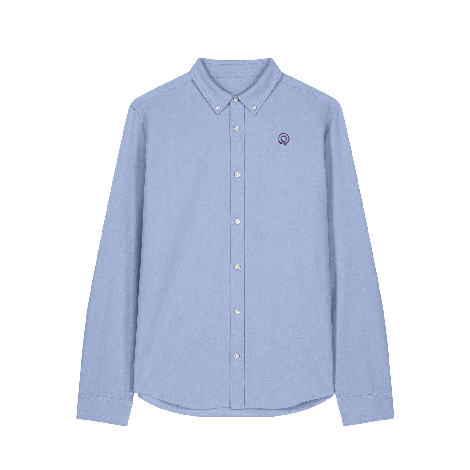 Front view of the blue Oxford shirt for men – sustainable and ethically made fashion by New World Guardians.