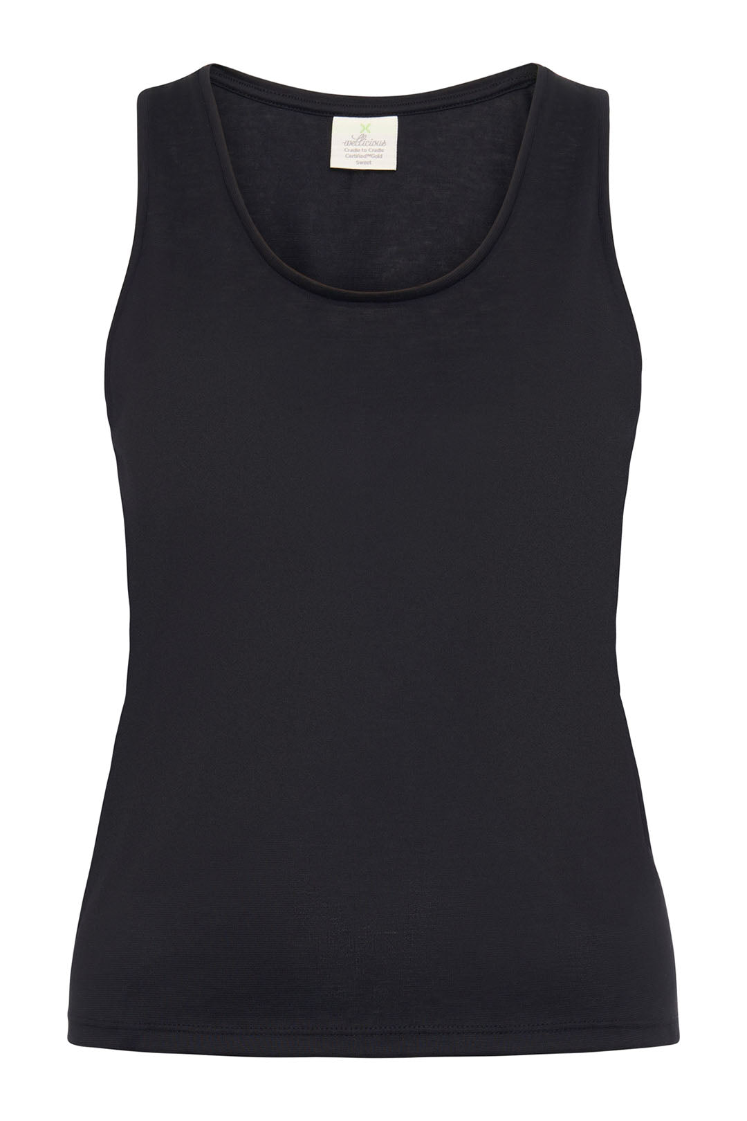 Earth-friendly yoga top in Cavair Black - circular, biodegradable, GOTS certified organic cotton, and. stylish