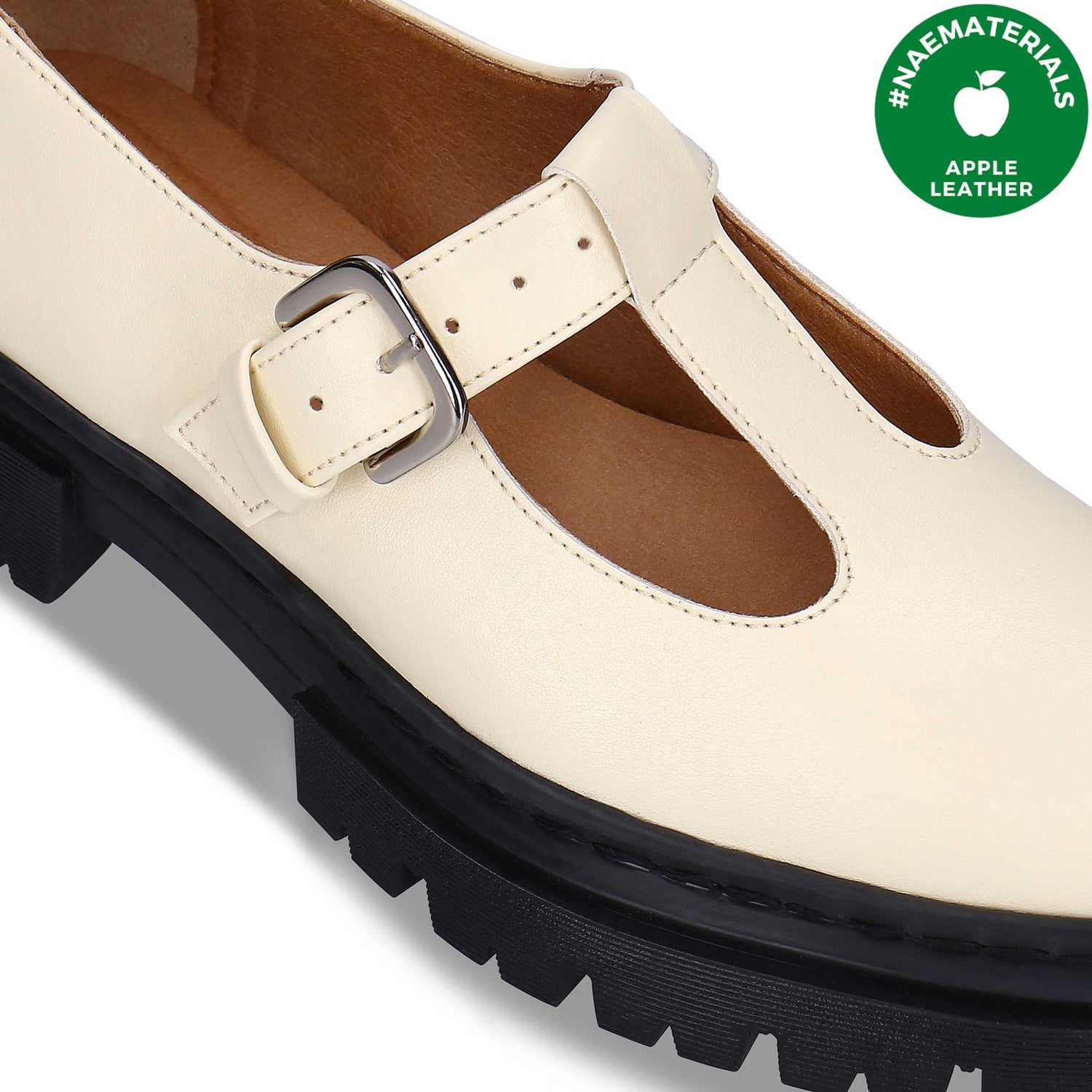 Vegan Mary Jane white shoes with buckle on Apple Leather with the label | NAE