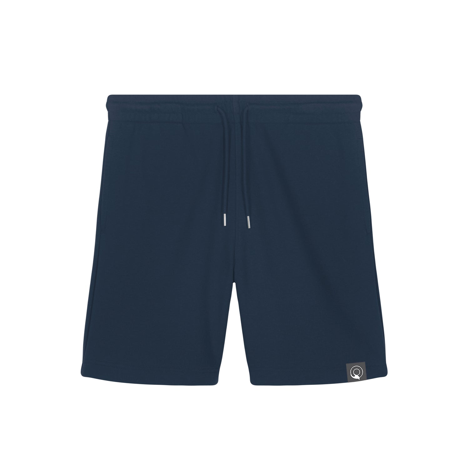 Blue sustainable IMPACT shorts with elastic waistband, functional pockets, and adjustable drawstrings