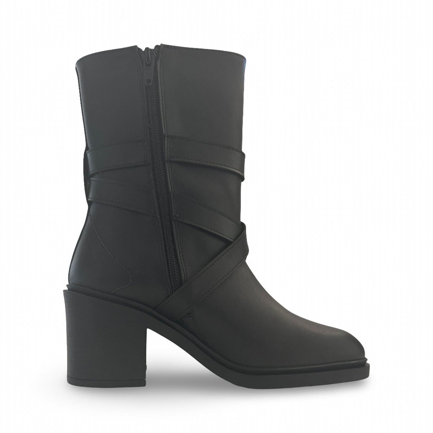 Bottes pour femme mi mollet cuir végan noir talons sangle réglable boucle éclair