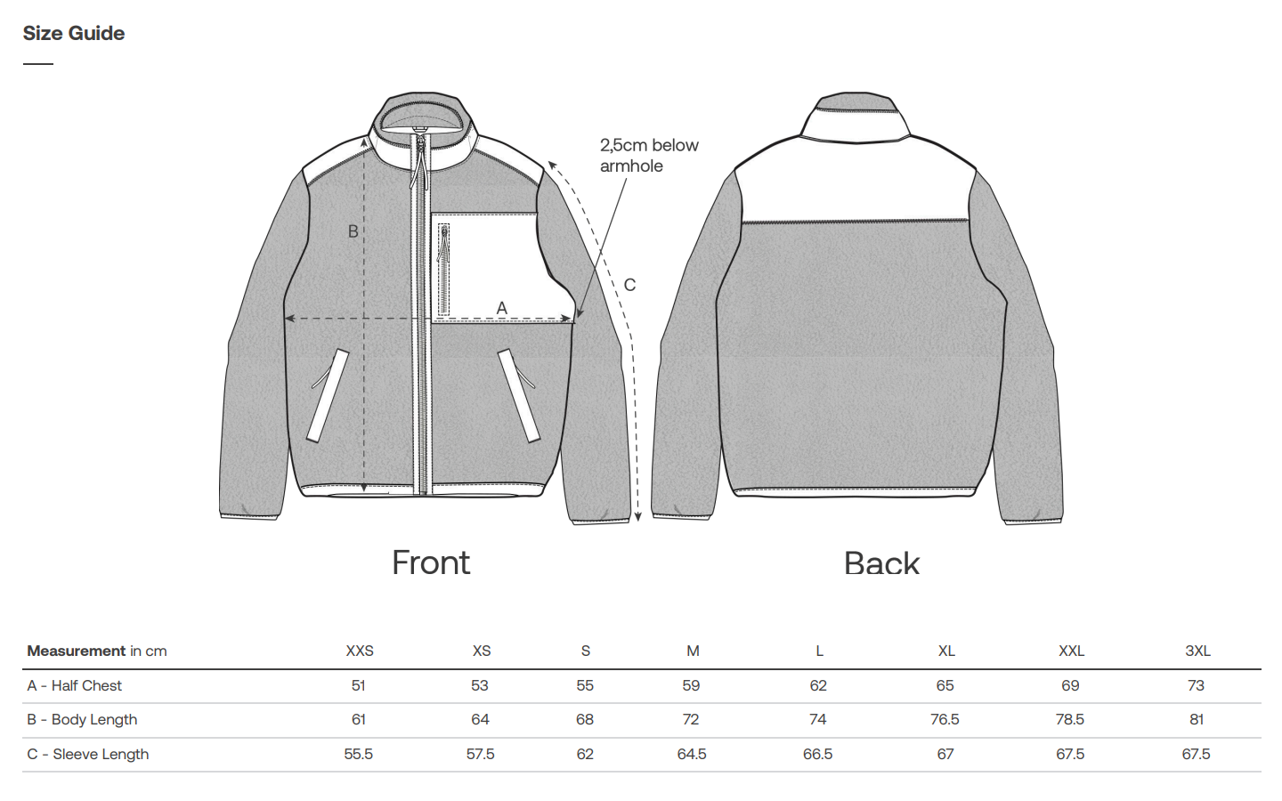 Size guide for a vegan jacket showing front and back views with measurements.