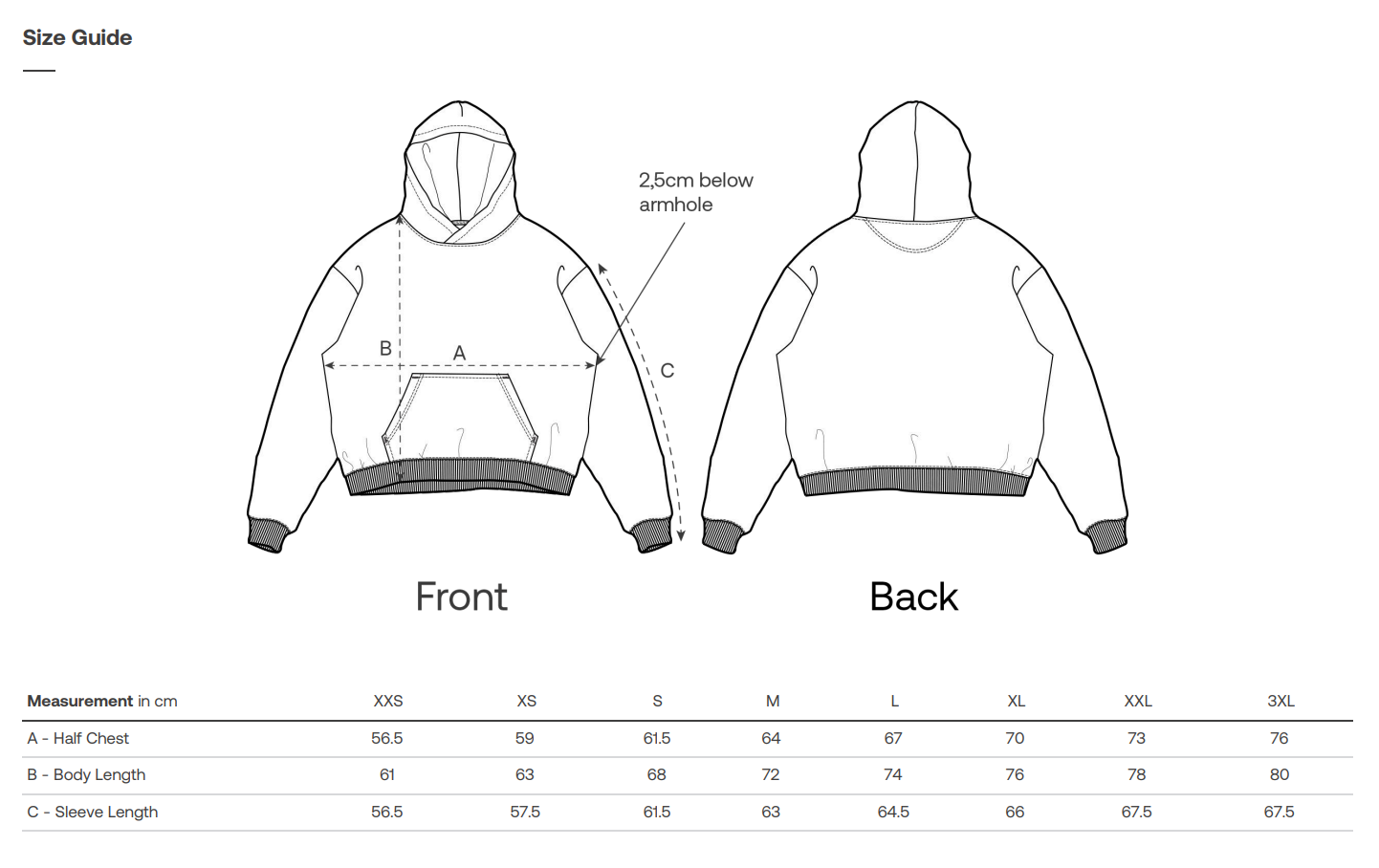 Vegan Hoodie size guide with front and back views and measurement chart.