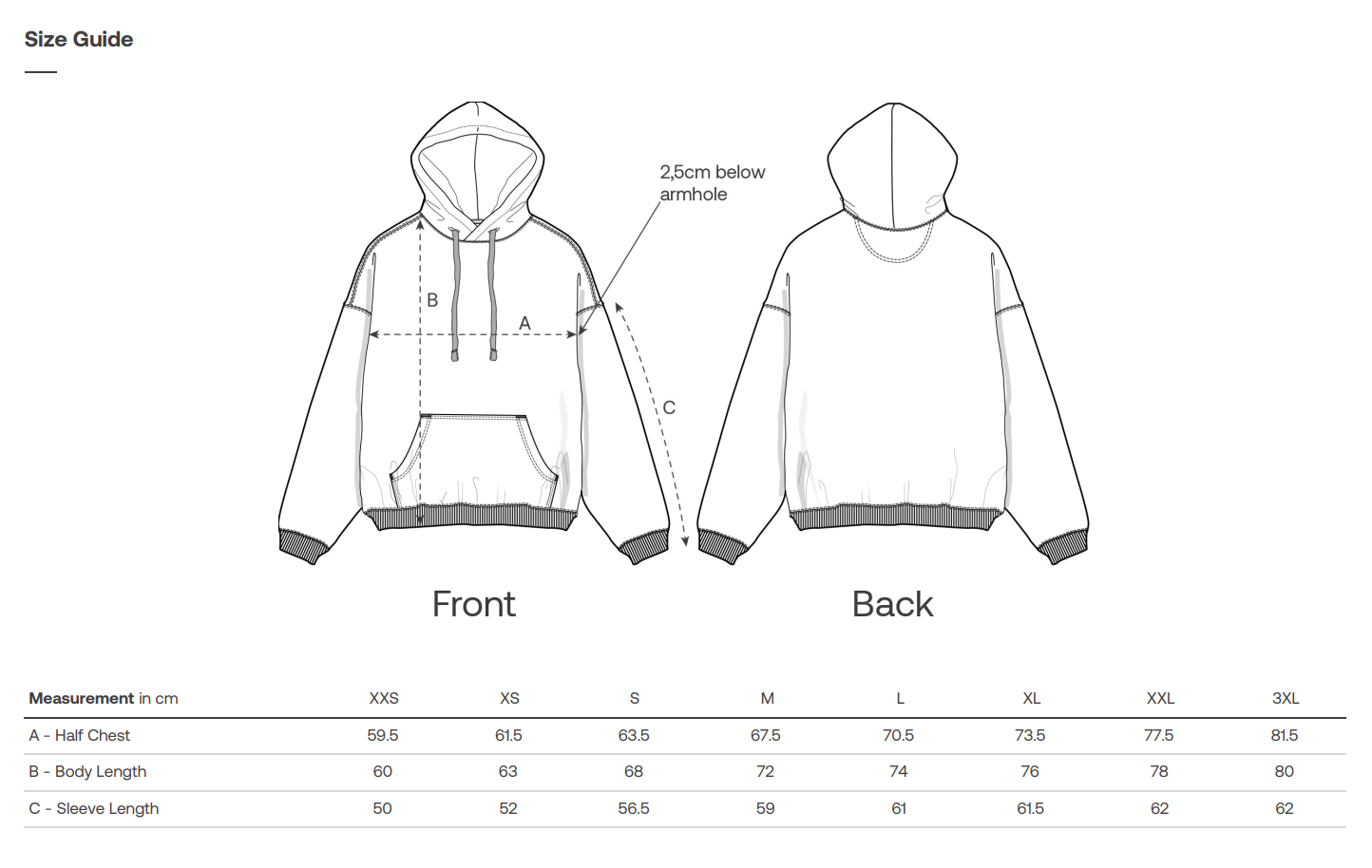 Size guide for a vegan hoodie in organic cotton with front and back views and measurement chart.