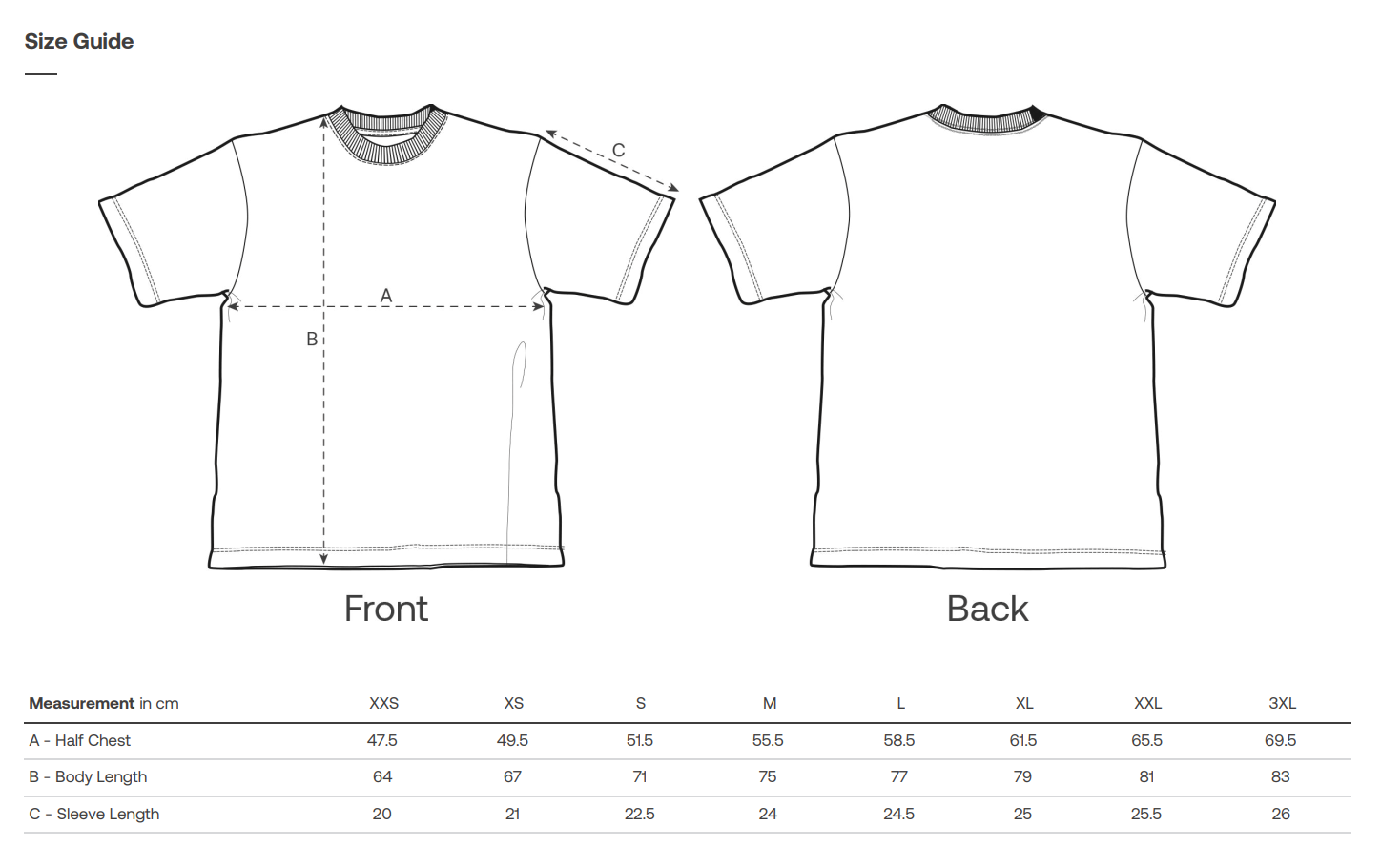 Vegan T-shirt size guide with front and back views and measurement chart.