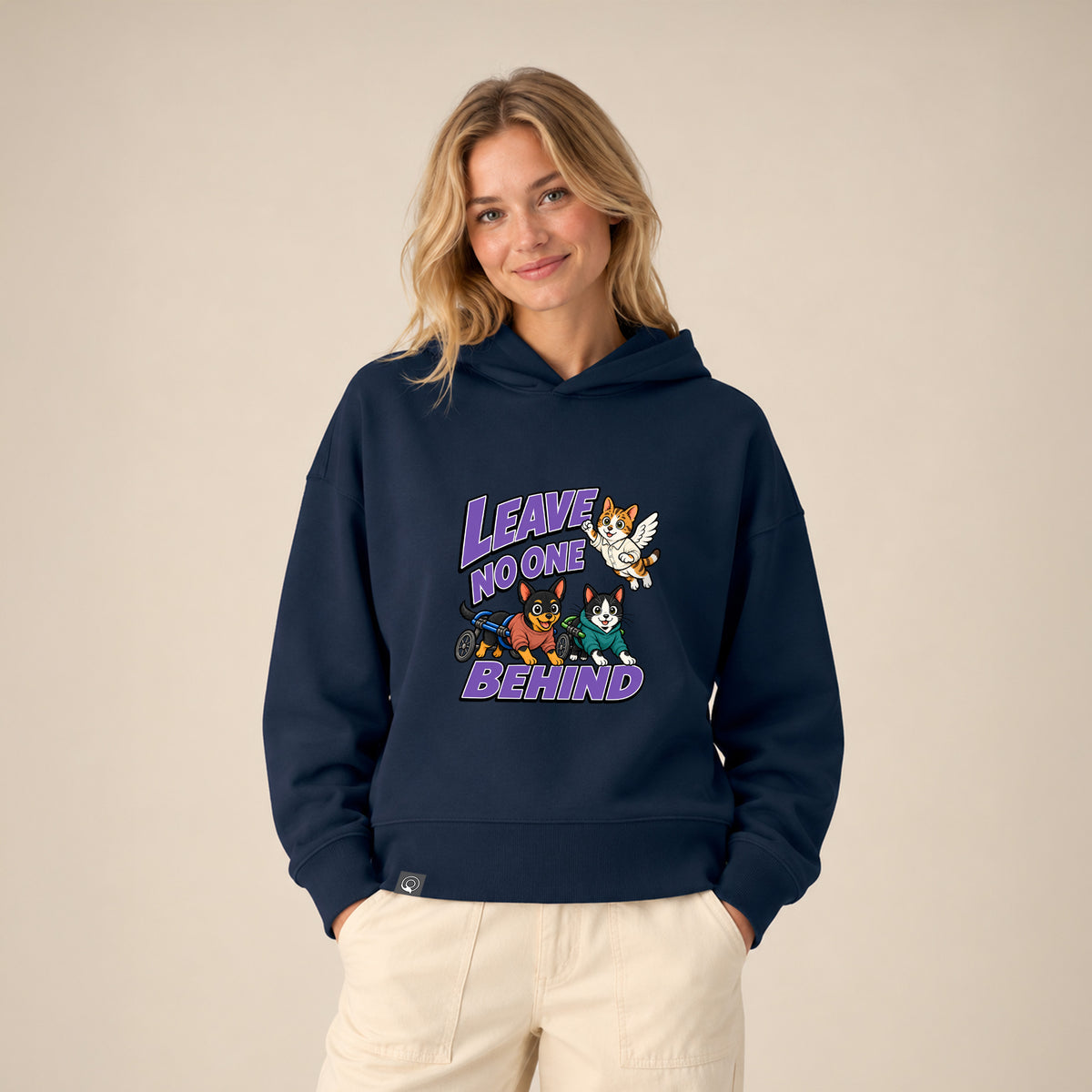 NEW WORLD GUARDIANS Leave No One Behind unisex organic cotton hoodie in navy blue – worn front view
