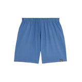 Blue sustainable organic cotton shorts with elastic waistband and hidden drawstring, NEW WORLD GUARDIANS ECO design
