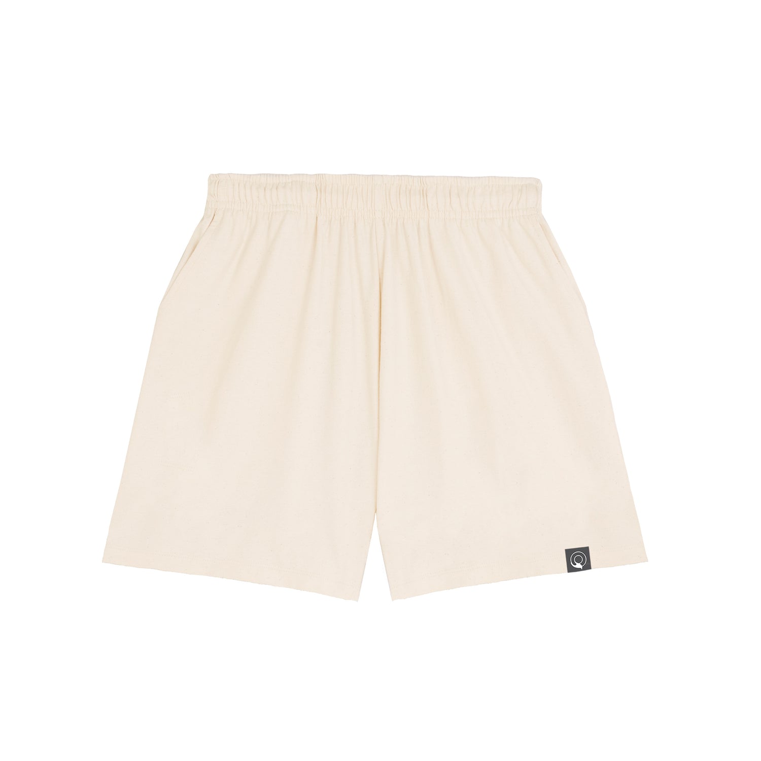 Beige ethical fashion shorts in 100% GOTS-certified organic cotton, unisex sustainable style by NEW WORLD GUARDIANS