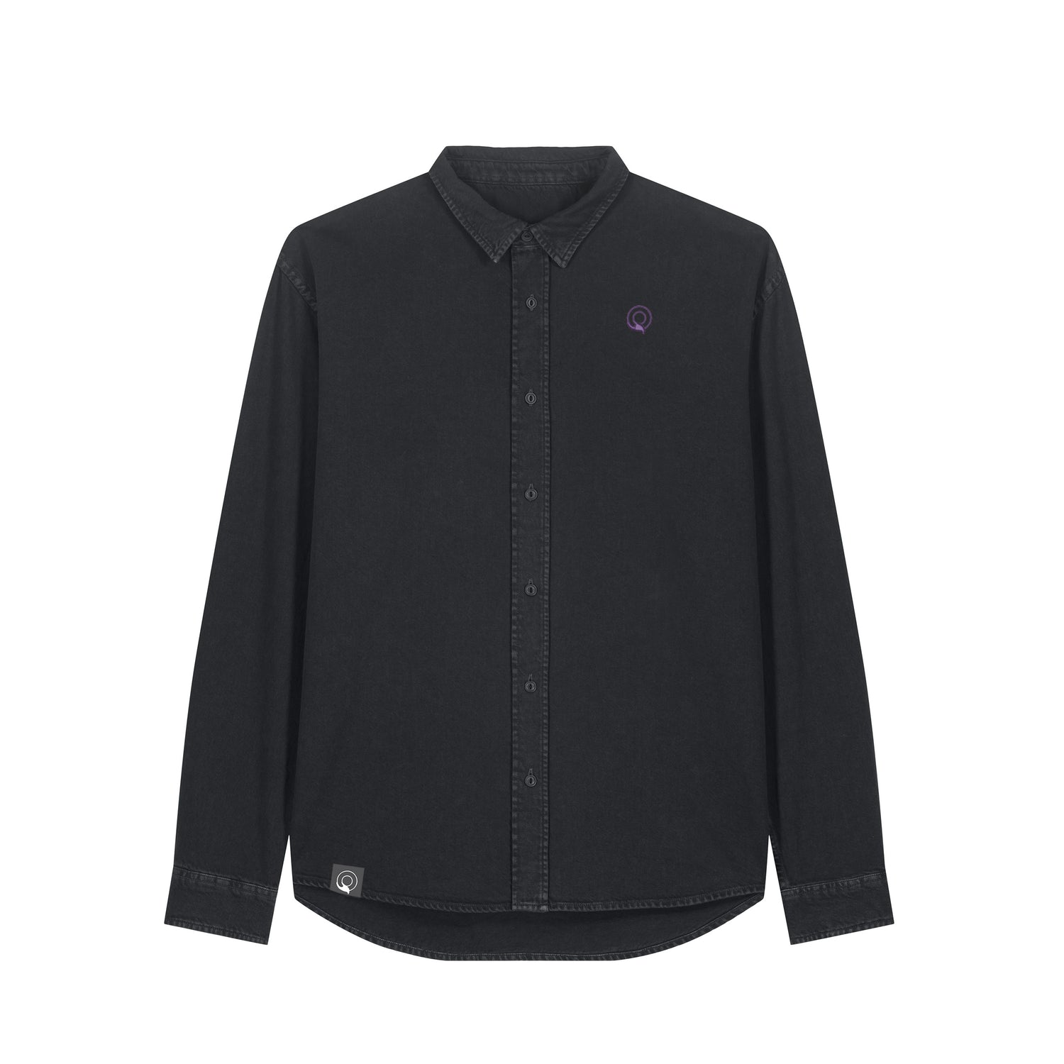 Front view of a garment-dyed black rock unisex worker shirt – sustainable and ethically made fashion by New World Guardians.