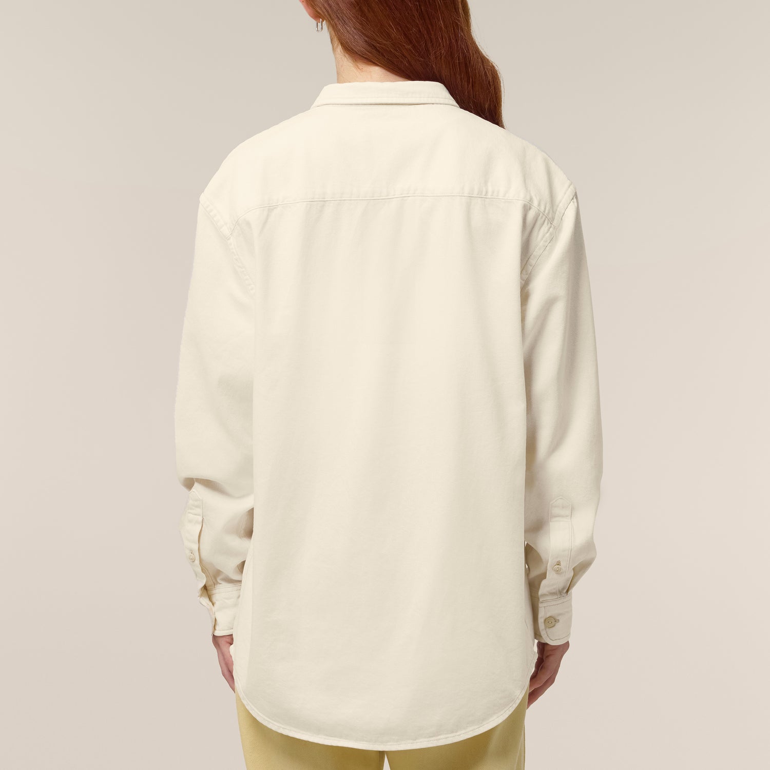 Back view of the garment coloured natural raw unisex worker shirt  – sustainable and ethically made fashion by New World Guardians.