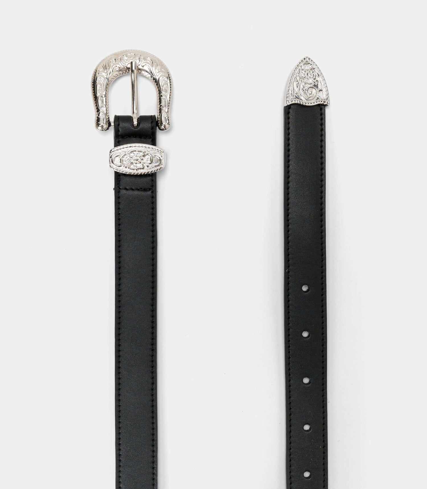 Black vegan women's belt by Solari Milano, decorative rock buckle detail, cruelty-free leather