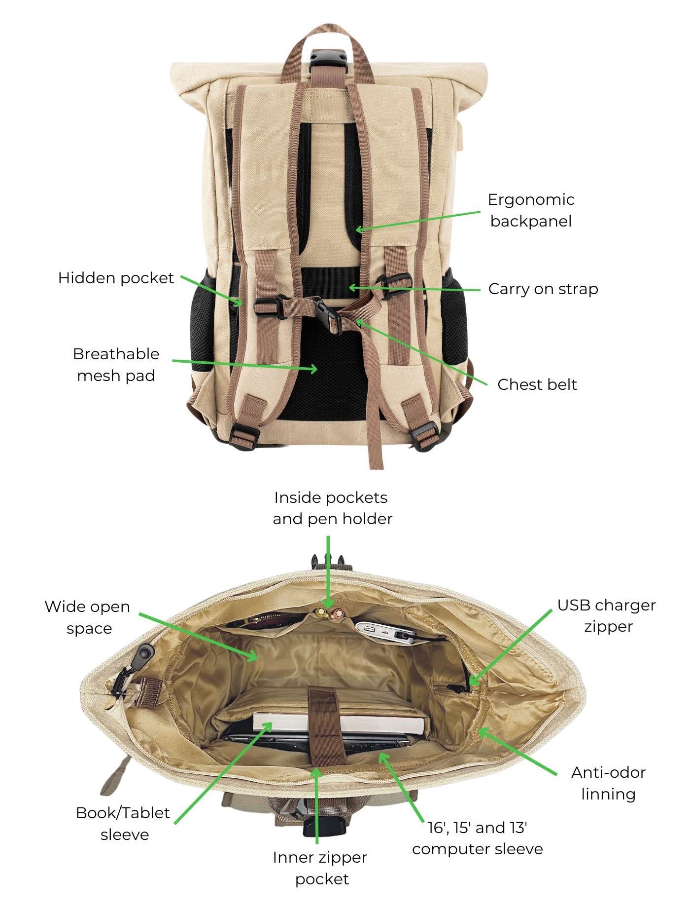 Everyday Hemp Rolltop Backpack in Beige and Green