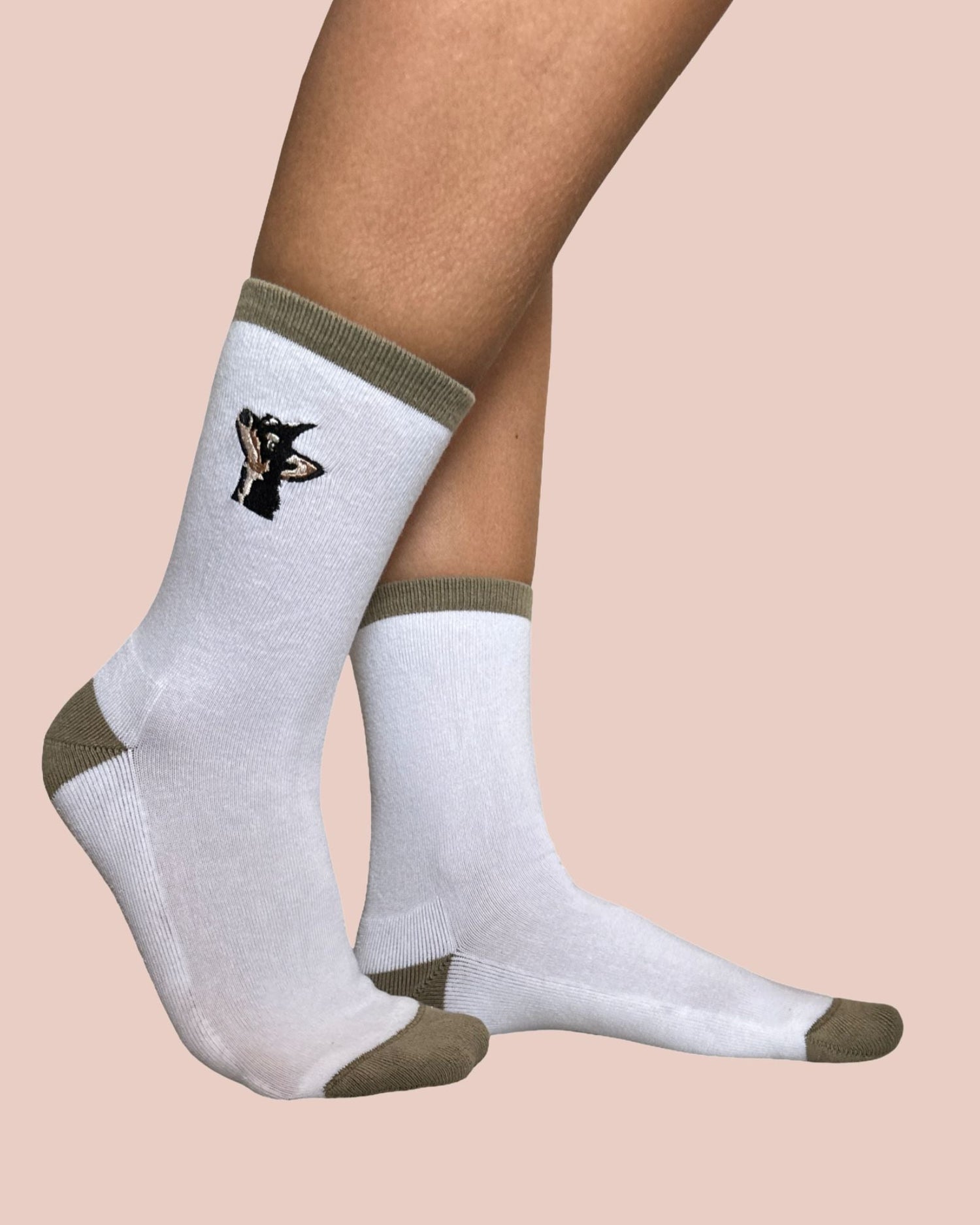Vegan white socks with stray dog design, breathable organic cotton material