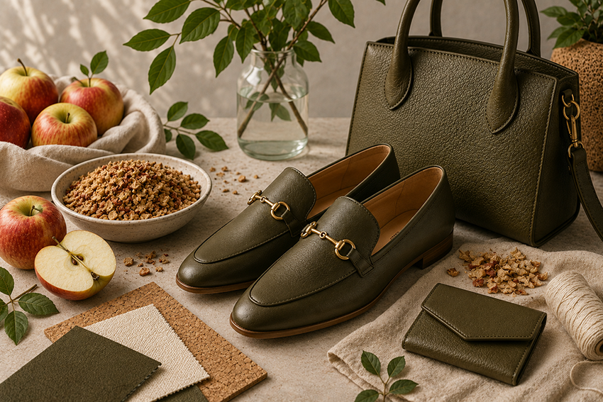 Elegant vegan shoes and accessories made from apple leather displayed alongside fresh apples and apple pomace.