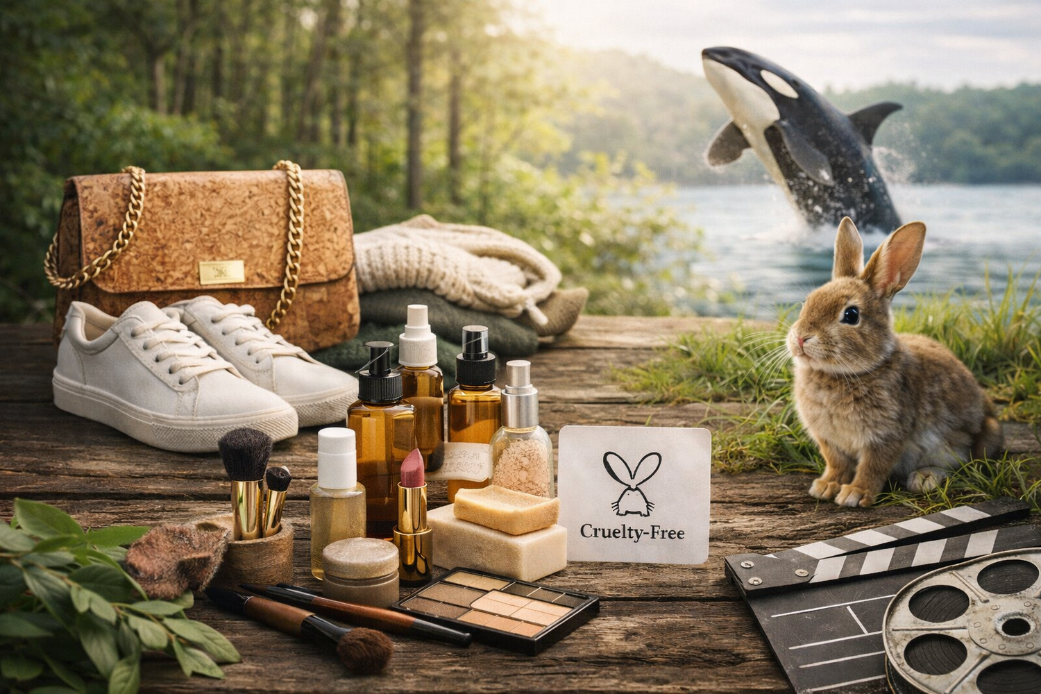 A cruelty-free lifestyle scene showing vegan sneakers, a cork handbag, and natural beauty products with a rabbit and orca in the background — representing ethical fashion, animal-free beauty, and kind entertainment in harmony with nature.